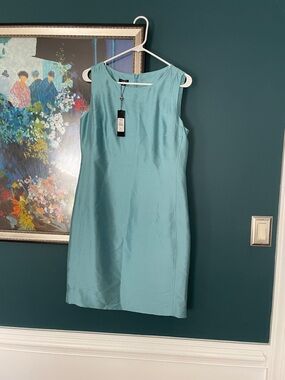 100% silk Talbots Sleeveless muted turquoise Sheath Dress 10p